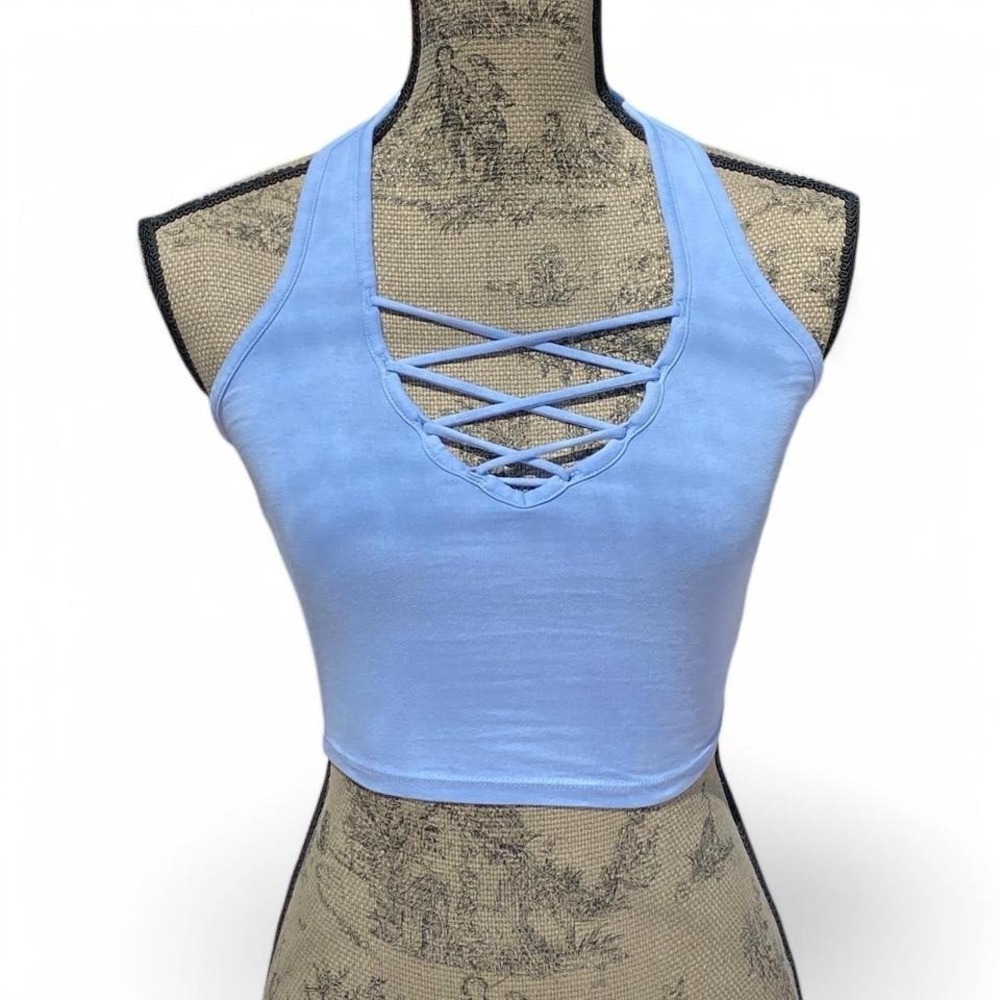 Express Lace-Up Front Crop Tank Womens XS Stretch V Neck Halter Cami Y2K Lolita‎